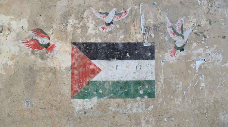 disegno della bandiera palestinese e di tre colombe in alto raffigurate con i colori della bandiera
